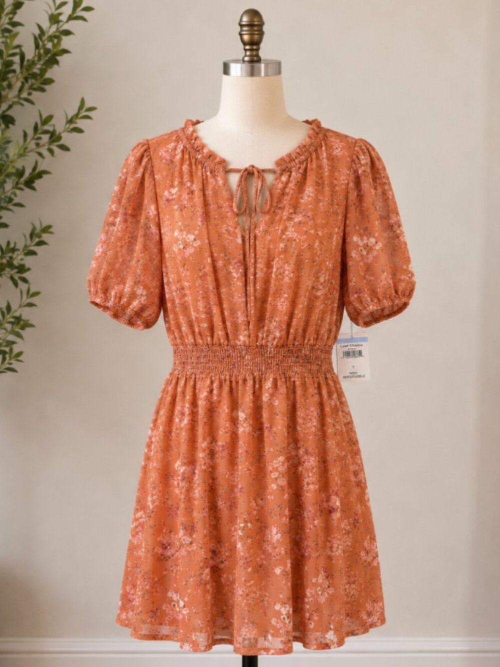 LUSH Women's Floral Chiffon Mini Dress Size M Apricot Smocked Puff Sleeve NWT